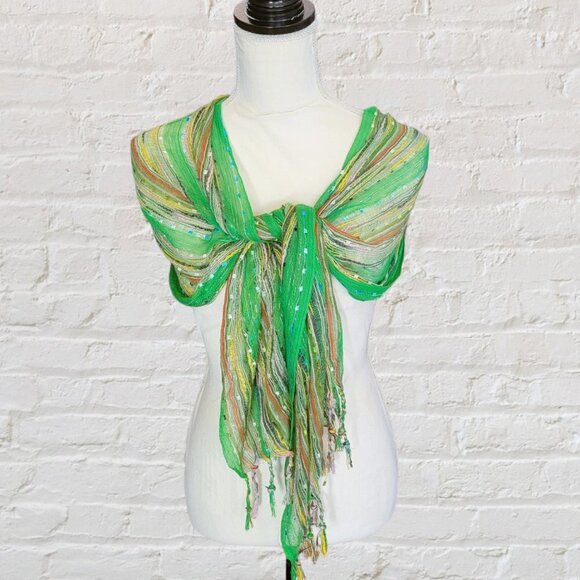 Green with Silver Threads Multicolored Background Cotton Open Weave Scarf… - Picture 3 of 4